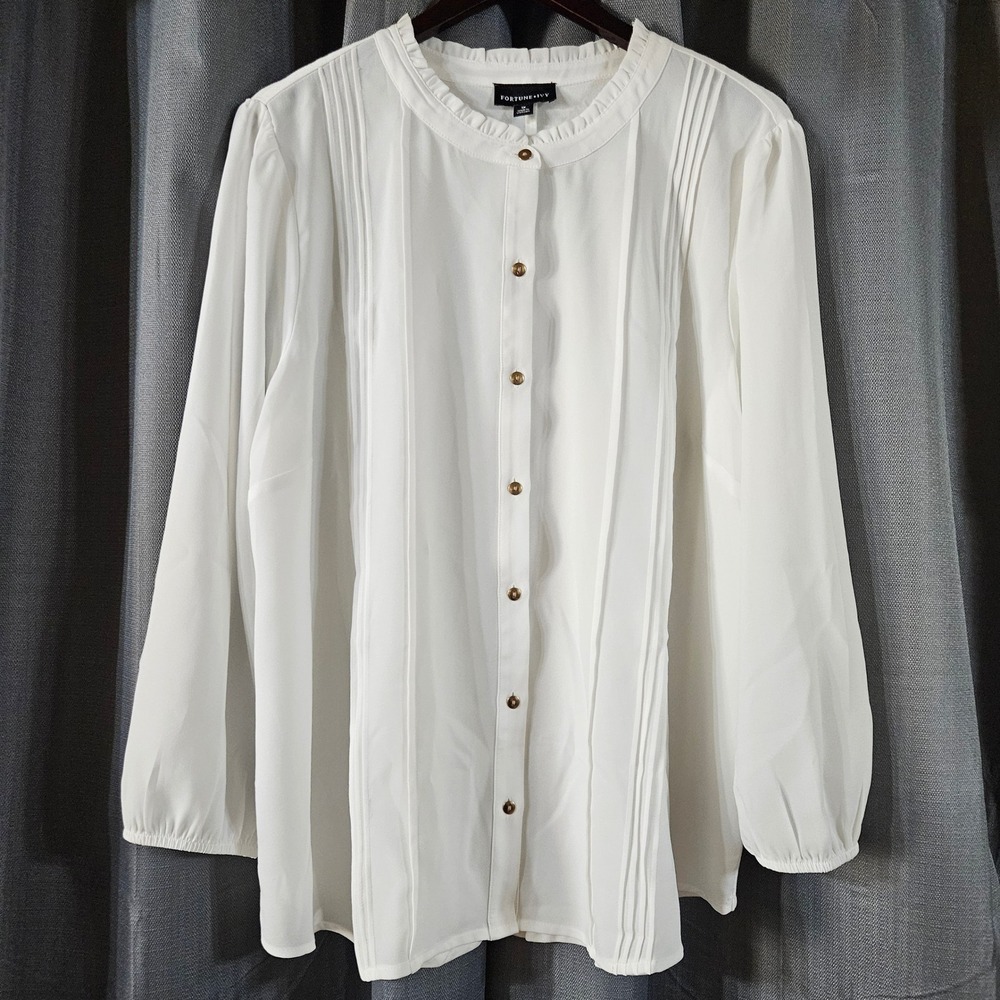 Fortune+Ivy White Pintuck Ruffle Neck Blouse 1X Mixed Media Long Sleeve Top‎